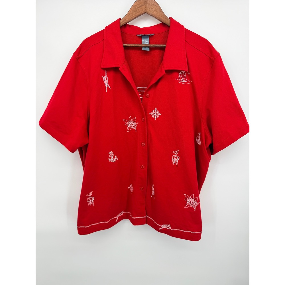 Koret Nautical Embroidered Top Women 3X Red Excellent Short Sleeve Button Front